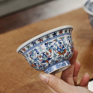 茶室家用泡茶碗釉下五彩缠枝莲二才盖碗斗彩青花内双狮压手杯送礼