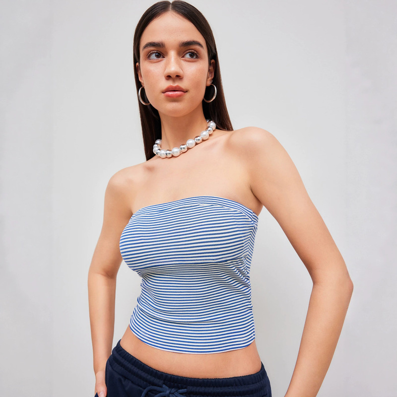 American Retro Striped Tube Top for Women, Summer Color-Blocking Stretchy Slim-Fit Sleeveless Camisole, Sexy Waist-Cinching Crop Top