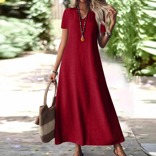 2025 New European and American style summer back zipper short-sleeved dress cotton linen plain color fashion slimming 