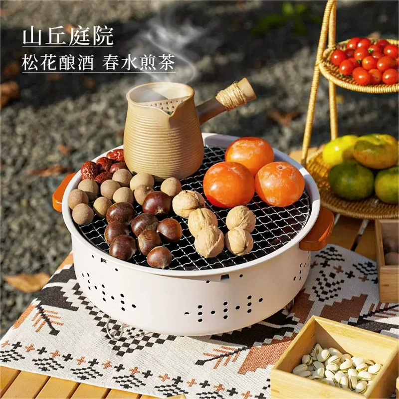 Полный набор для барбекю на открытом воздухе с печью для заваривания чая, портативной угольной печью, внутренним отоплением, небольшим грилем для барбекю.