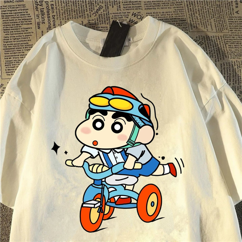 Japanese Retro Short-Sleeve Men's Cartoon Tricycle Crayon Shin-Chan Print Short-Sleeve T-Shirt Men's Casual Loose T-Shirt 12
