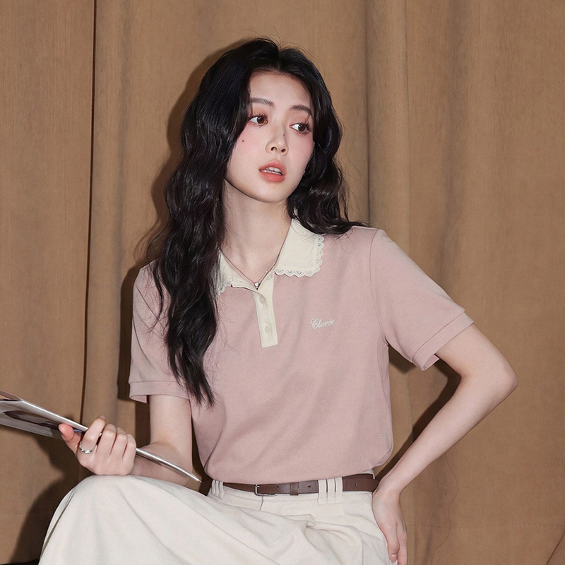 2026 Summer Short-Sleeved T-Shirt for Women with Design Embroidery, Sweet and Cute Polo Collar, Korean Style Women's New Top 2026 Summer Short-Sleeved T-Shirt for Women with Design Embroidery, Sweet and Cute Polo Collar, Korean Style Women's New Top