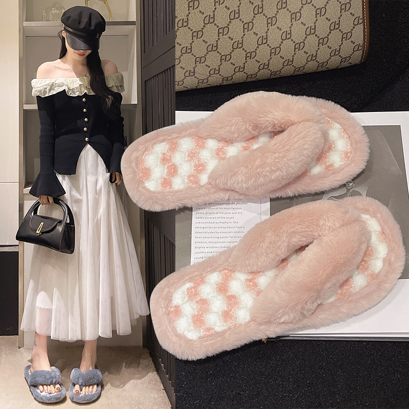 Furry Slippers for Winter Indoor Home Soft-Soled Flat-Heeled Open-Toe Cotton Slippers for Outer Wear Wear-Resistant Non-Slip Herringbone Cotton Slippers
