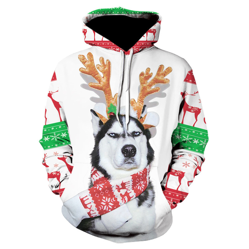 Christmas Men's Personality Elk Dog 3D Digital Print Long Sleeve Sweater Teenager Loose Trendy Pullover