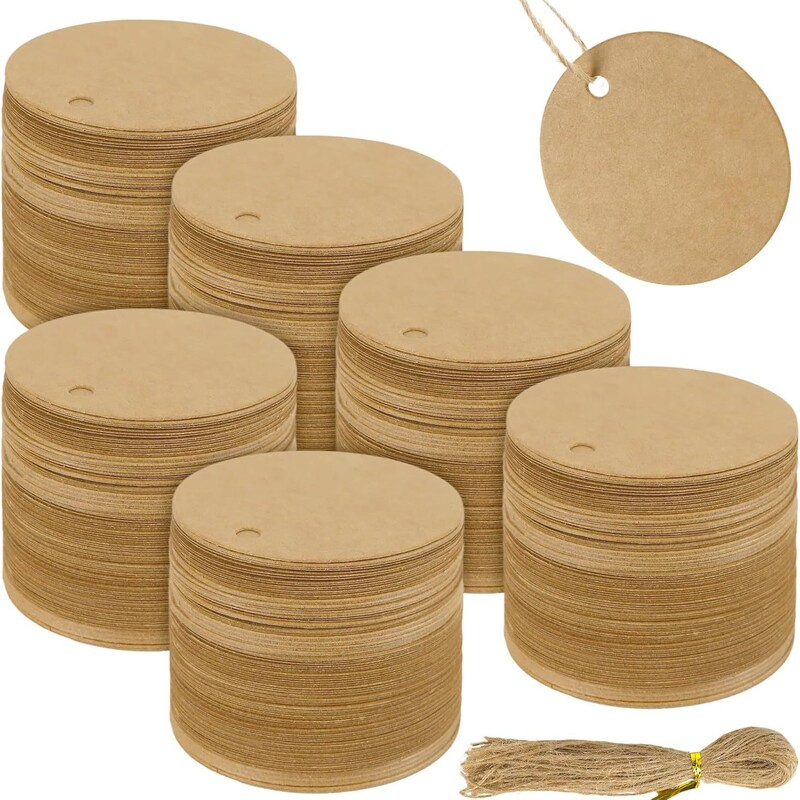 Amazon 350g Blank Round Kraft Paper Tags with Twine, Bookmarks, Handmade Snack Labels, Hang Tags