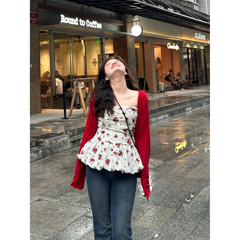 Cross-Border In-Stock Julu Studio "Tuileries Girl" Vintage Pure Desire Floral Tube Top Cardigan Set