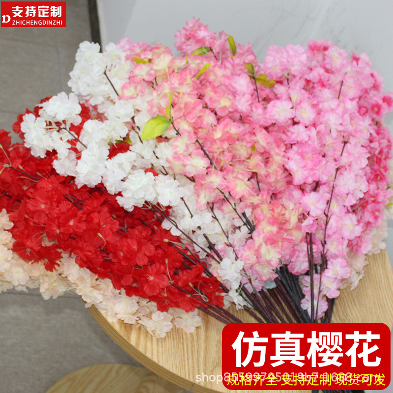Simulación de flores de cerezo flores de melocotón flores falsas decoración interior y exterior árbol de cerezo boda flores de pera seda de plástico caña de techo