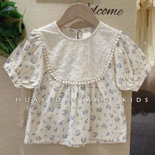Korean Children's Clothing 2025 Little Girl Summer Fresh Floral Shirt Girls Fashionable Embroidered Doll Collar Short-Sleeved Top