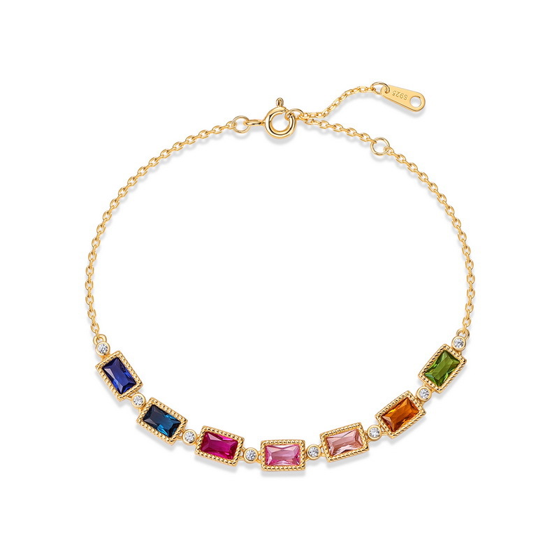 Nuevo estilo transfronterizo de moda de lujo ligero arco iris pulsera de circonio S925 plata chapada en oro con incrustaciones de joyas de varios colores regalos de vacaciones