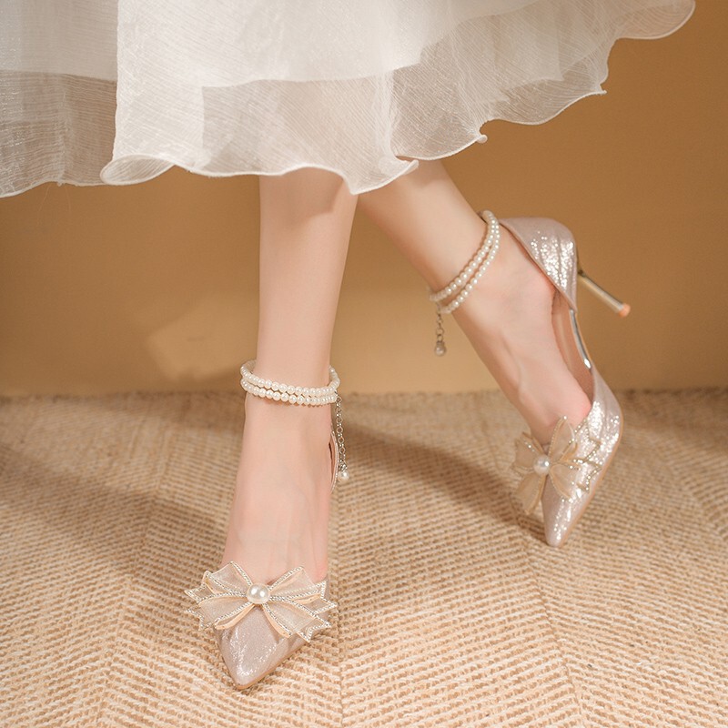 Spring and summer fashion wedding shoes, pearl straps, high-end sequin crystal shoes, silver French high heels, comfortable wedding shoes