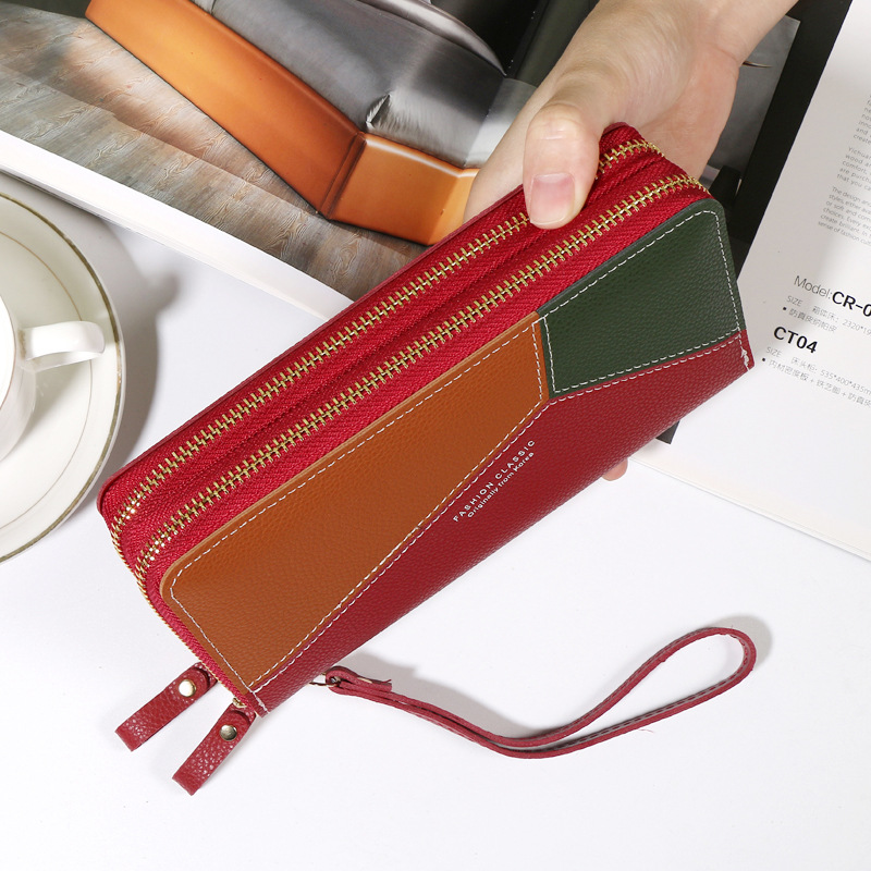 Neue, modische Patchwork-Geldbörse für Damen mit zwei Lagen und kontrastierenden Farben, lange Clutch mit Doppelreißverschluss und großem Fassungsvermögen_voghion.com