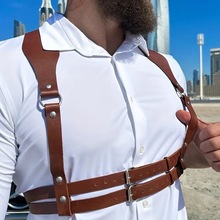 SM捆绑束缚带性用品欧美新款PU黑系朋克哥特复古两排扣肩带塑身带
