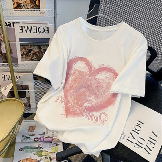Foreign Trade 200g Cotton Short-sleeved T-shirt Women's Summer American Love Printed Large Size Loose All-match Casual Top