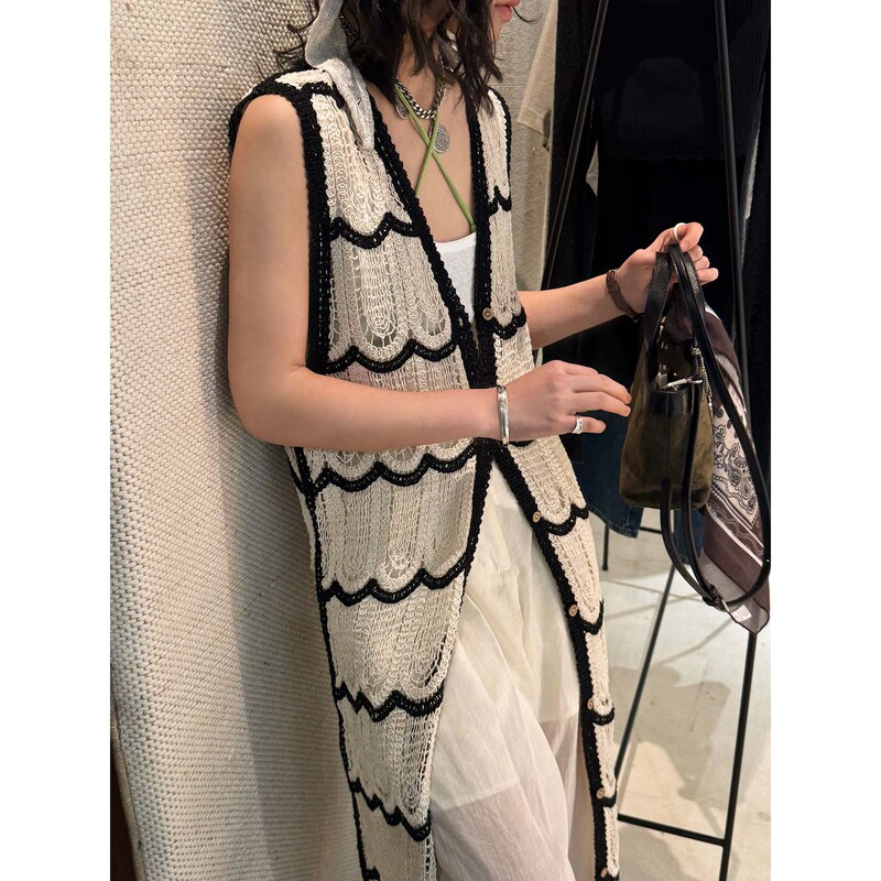 Xuman's New Spring Collection: French Bohemian Style Wavy Crochet Long Knit Cardigan with a Vacation Vibe for Women