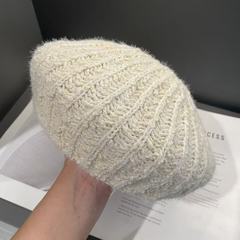 日系小香风纯色简约贝雷帽女秋冬季保暖针织帽子百搭显脸小画家帽