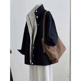 1916复古藏蓝色中长款立领风衣女年秋冬季新款单排扣拉链通勤外套