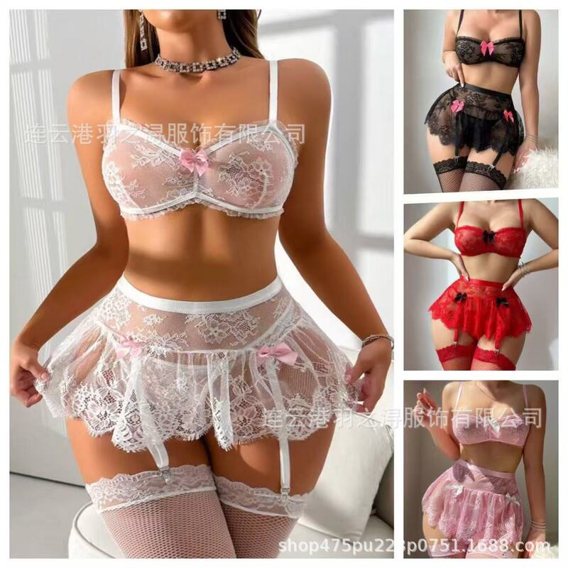 Cross-Border European and American Foreign Trade Erotic Lingerie Lace See-Through Patchwork Three-Point Bra Set with Mesh Garter Belt Three-Piece Set Cross-Border European and American Foreign Trade Erotic Lingerie Lace See-Through Patchwork Three-Point Bra Set with Mesh Garter Belt Three-Piece Set