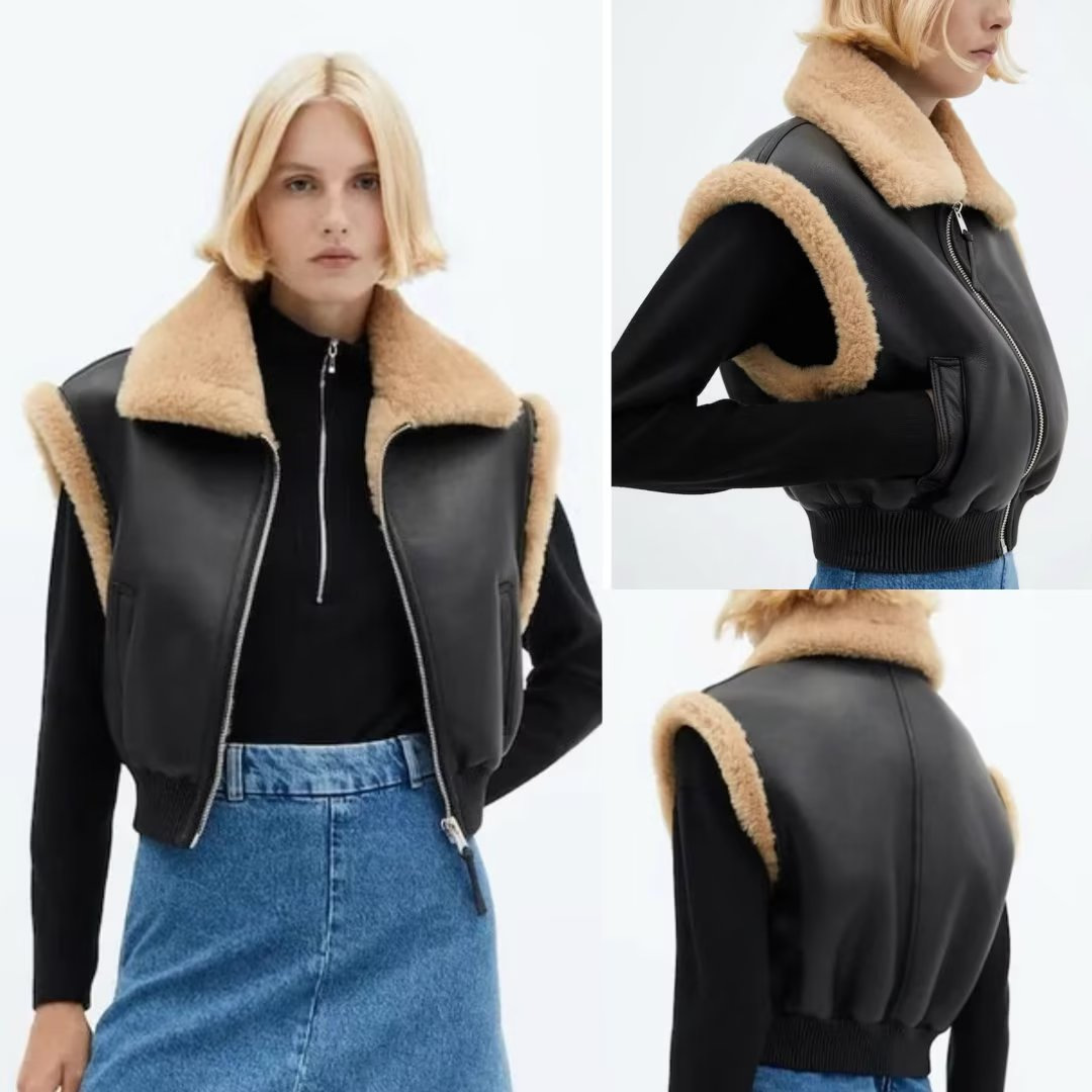 Women's Clothing autumn and winter new retro lapel fur integrated stitching pilot jacket vest_voghion.com