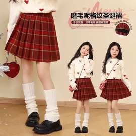女童红色裙子新款秋冬装儿童格子百褶短裙春秋季洋气大童半身裙潮