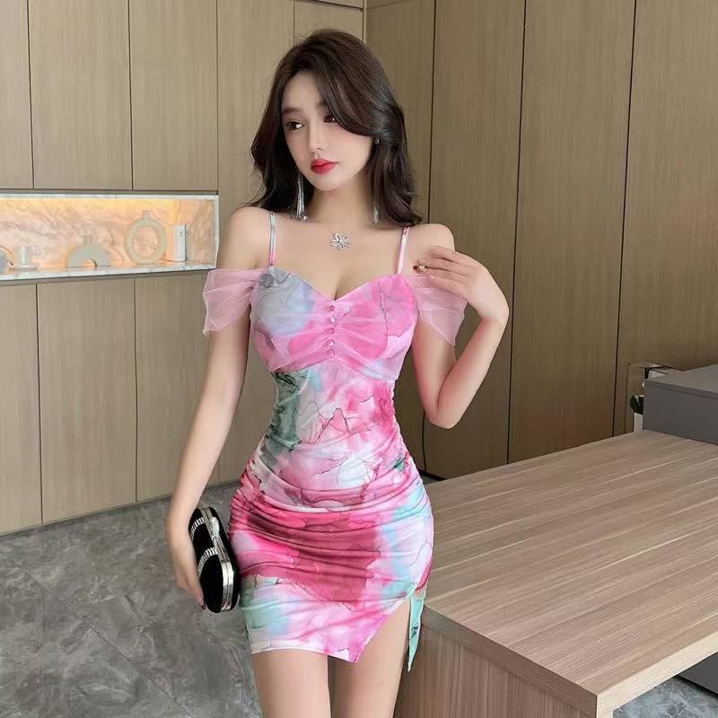 Pure Desire Mesh Off-Shoulder Mini Dress with Printed Skirt, Pink One Size — detail image 2