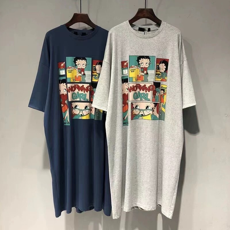 Cartoon Print Women's Plus Size Korean Style Dress Loose Slimming Short-sleeved Pregnant Women's Lazy Long Over-the-knee Belly Covering Dress