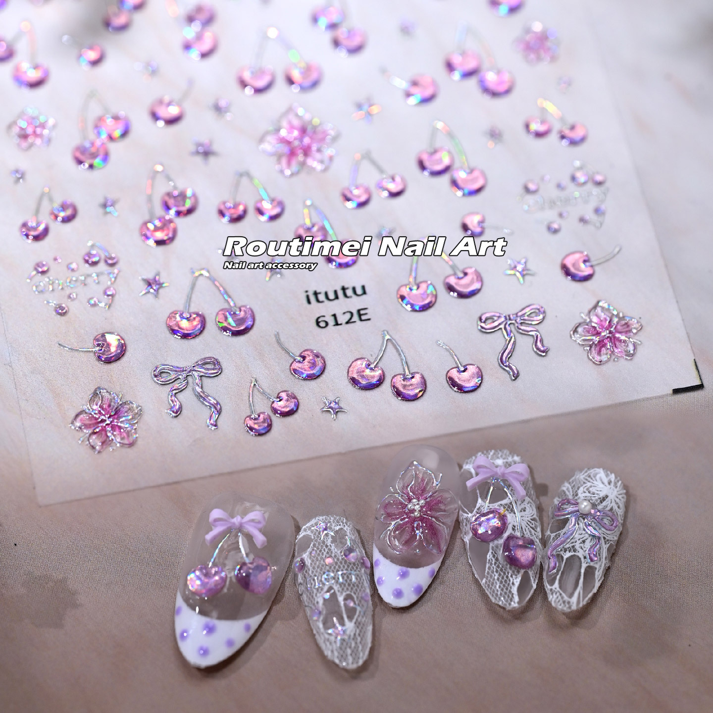 Summer Cherry Dream Fresh Little Flower New Laser Pink 3D Nail Art Stickers Fingertip Fruit DIY Decoration Stickers