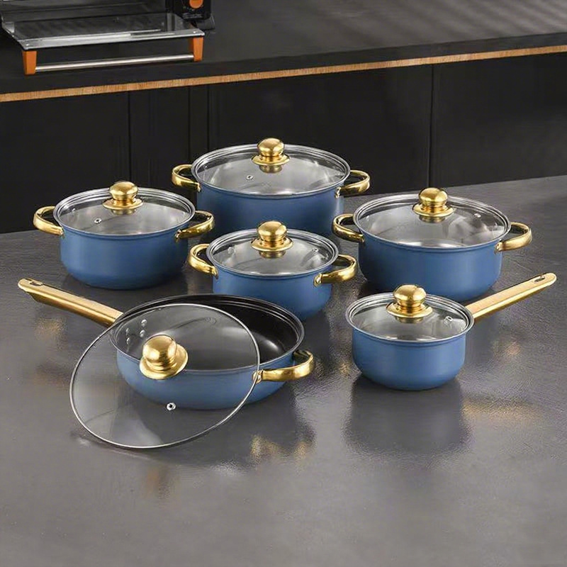 12 piezas de acero inoxidable paneles de comercio exterior transfronterizo colorido antiadherente mango de oro exportación cocina set pot