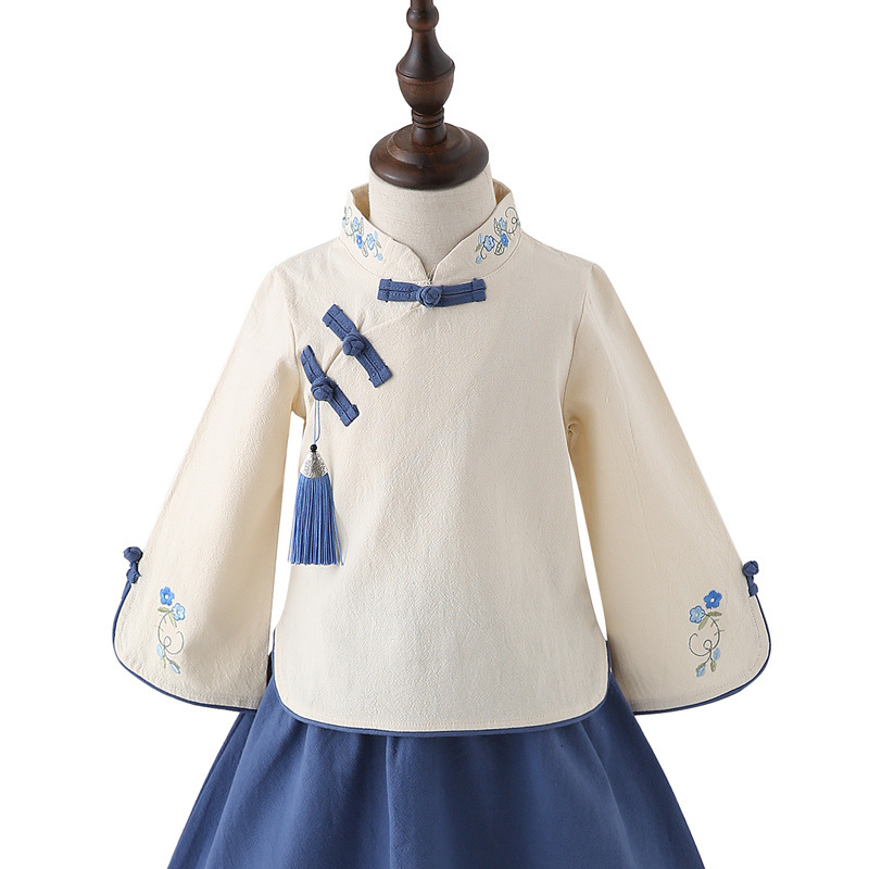 칼라 소매 자수 긴소매/오프화이트 및 블루 탑