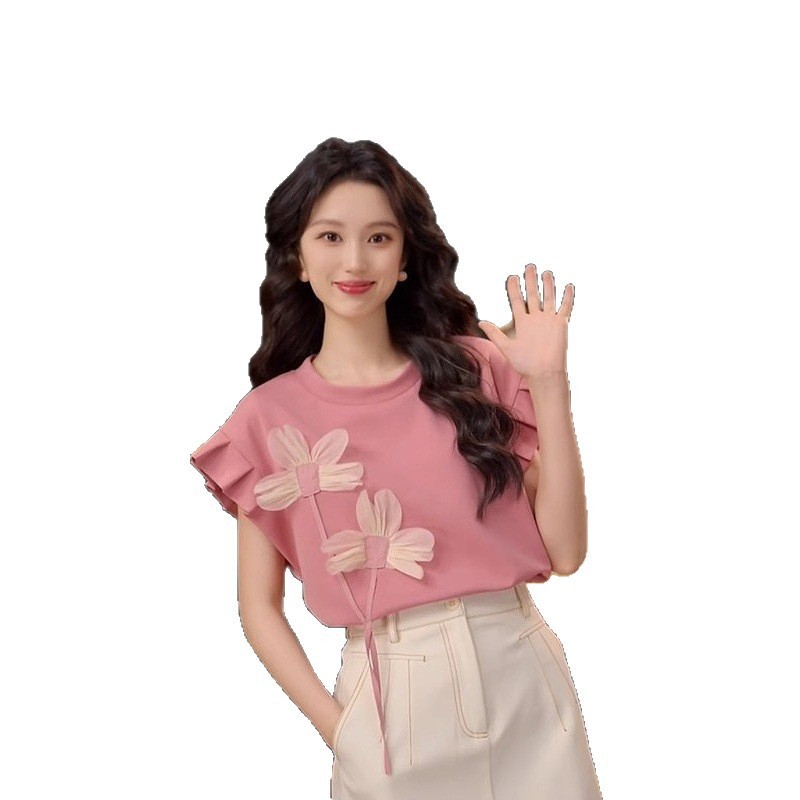 レトロな香港スタイルのスプライシング花柄半袖レース T シャツ女性の夏のラウンドネックプルオーバーファッション年齢を減らすハイエンドトップ|undefined