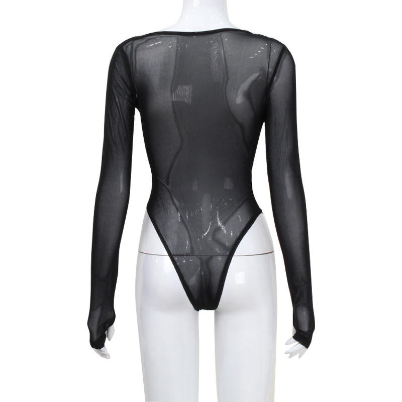 Venta caliente transfronteriza europea y americana ropa de mujer sexy cuello diagonal malla perspectiva club nocturno de manga larga puro deseo chica caliente estilo mono top