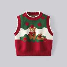 跨境女童圣诞苹果熊背心秋冬花边圆领针织衫套头毛衣儿童红色马甲