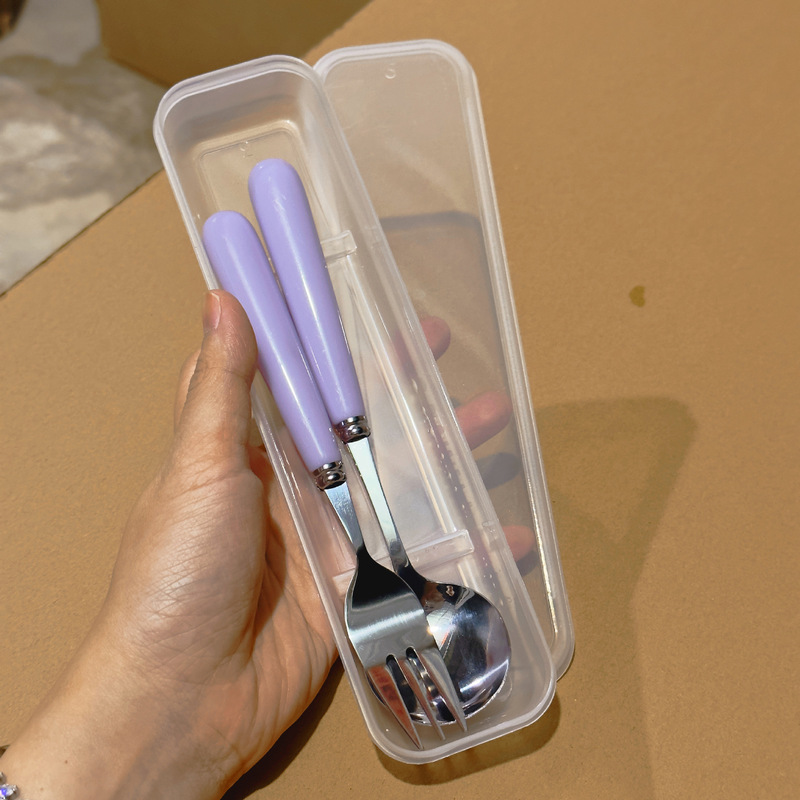 韓国式サトイモ紫デザートスプーンサラダフォーク長柄家庭用食器セットステンレスネット赤フォークスプーンスプーン|undefined