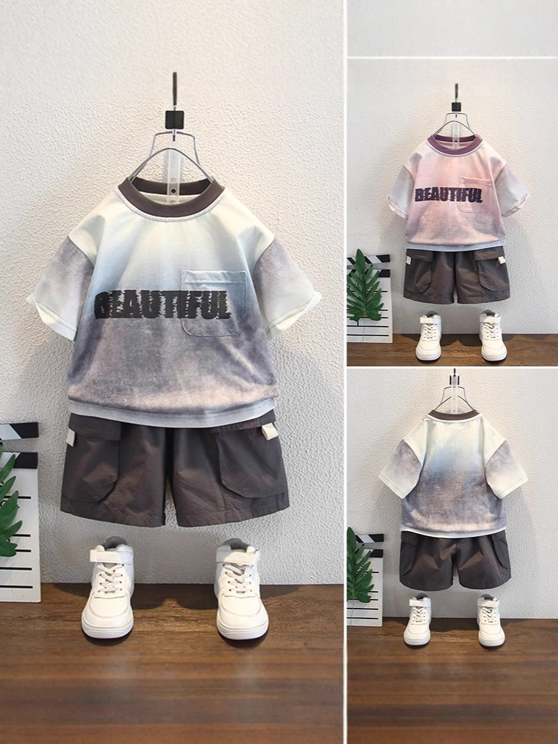 7987 traje de manga corta de verano para niños 2025 nuevo estilo bebé casual de dos piezas ropa de verano para niños marea