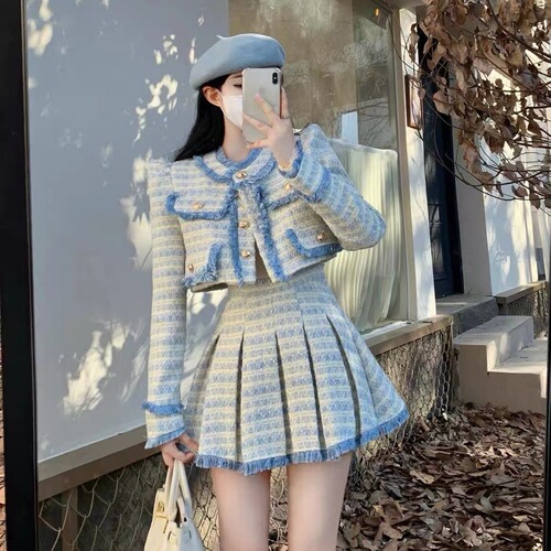 Temperament heavy industry tassel celebrity small fragrance French tweed jacket high waist pleated skirt suit suit skirt