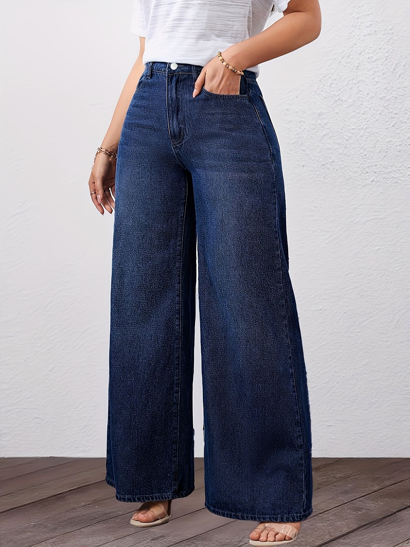 Dames jeans met hoge taille en wijde pijpen washed denim_voghion.com