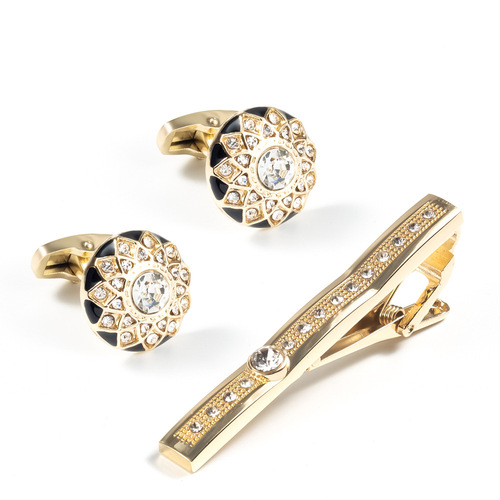 High-end Diamond-embellished Gold Tie Clip and Cufflinks Set French Metal Alloy Cufflinks Copper Tie Clip Wholesale