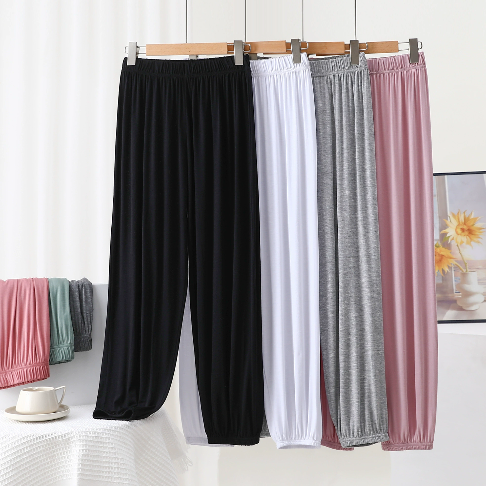 Тонкие повседневные штаны для йоги, женские весенне-летние свободные укороченные пижамные штаны больших размеров, домашние штаны, однотонная верхняя одежда, защищенные от комаров брюки с завязками на щиколотке