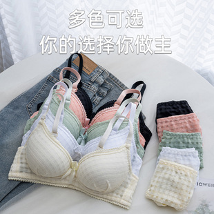 Girls Student Intimates Women's Small Breasts Push up to Look Bigger and Lift the Chest to Prevent Sagging Thin Plaid Bra and Panties Set