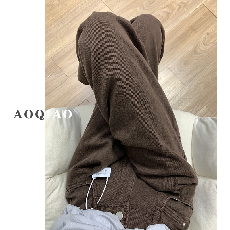 American-style dark coffee wide-leg jeans women's autumn and winter high waist Maillard wear loose casual straight mop pants