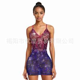 新款粉紫蝴蝶花纹水钻弹力吊带连衣裙派对时装秀舞台演出服幻蝶