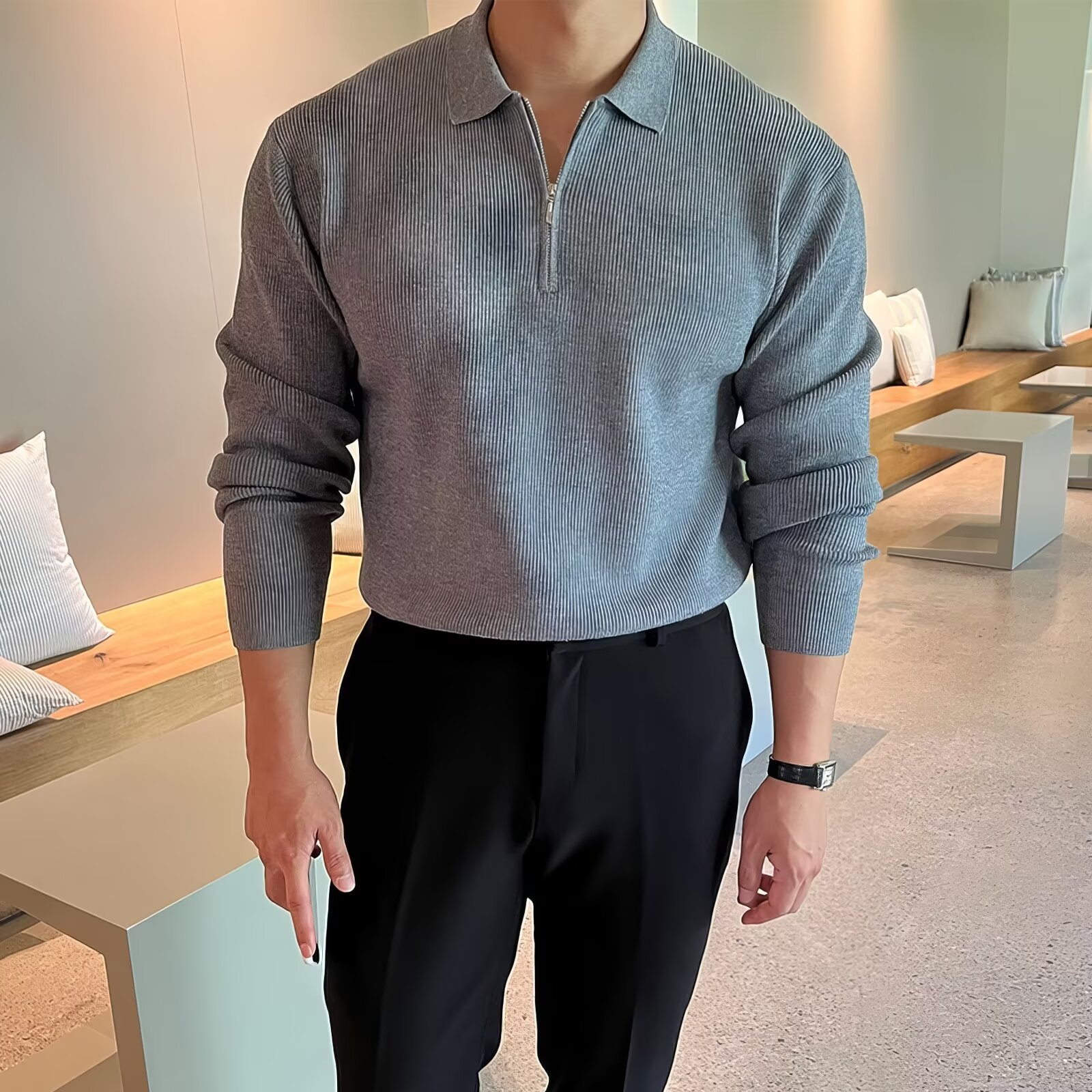 Factory Direct Sale New Polo Collar Half-Zip Sweater Men's Autumn and Winter Japanese Style High-End Turn-Down Collar Knitwear Casual