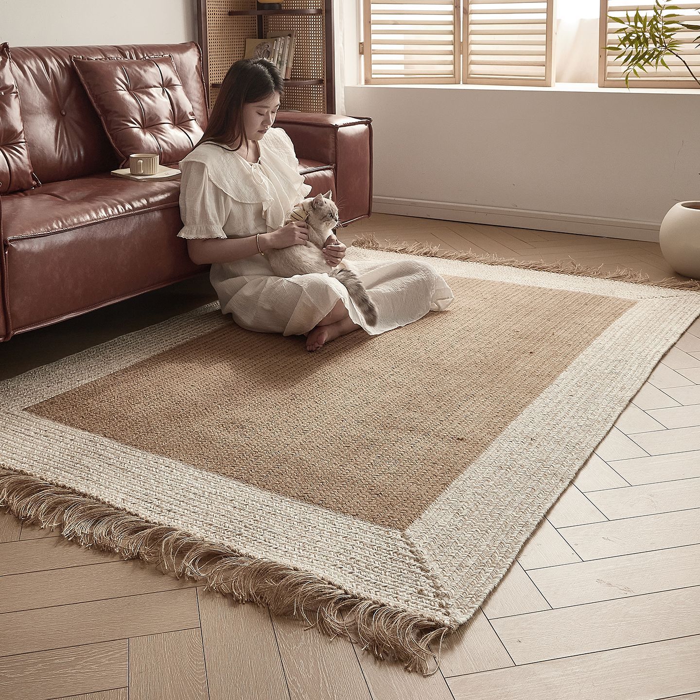 Alfombra de yute tejida sin pegamento, borla hecha a mano, borde retro ligero, sala de estar, dormitorio, manta de doble cara, alfombra de estilo Zen