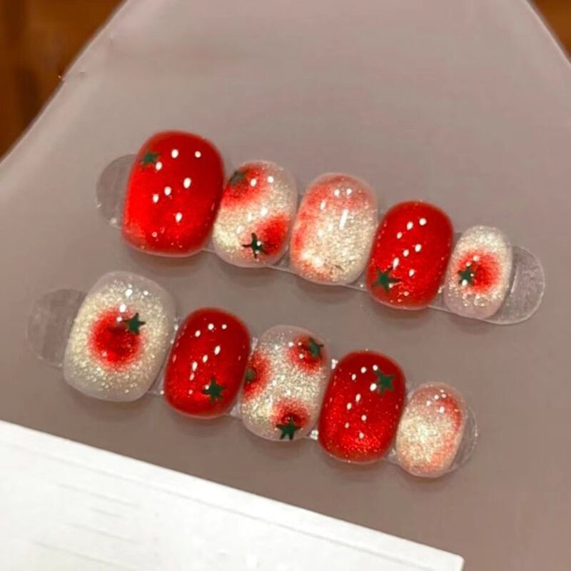 Honey Tomato Wearable Nails with Fine Glitter, Gold Shimmer, Cat Eye Red Gradient, Sweet and Cute Fake Nail Stickers for Girls, Cross-Border Honey Tomato Wearable Nails with Fine Glitter, Gold Shimmer, Cat Eye Red Gradient, Sweet and Cute Fake Nail Stickers for Girls, Cross-Border