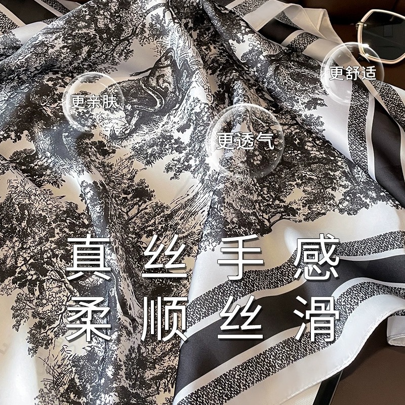 70% seda de imitación, camisa a juego para primavera y verano, pañuelo cuadrado pequeño en blanco y negro, pañuelo para el cuello para mujer, pañuelo fino, lujo accesible
