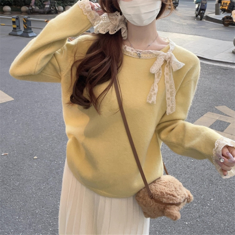 韩系蕾丝拼接套头毛衣女2025秋冬季新款蝴蝶结绑带圆领上衣针织衫