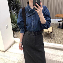 韩系蓝色交叉领牛仔衬衫女春秋季新款小个子穿搭叠穿宽松休闲上衣