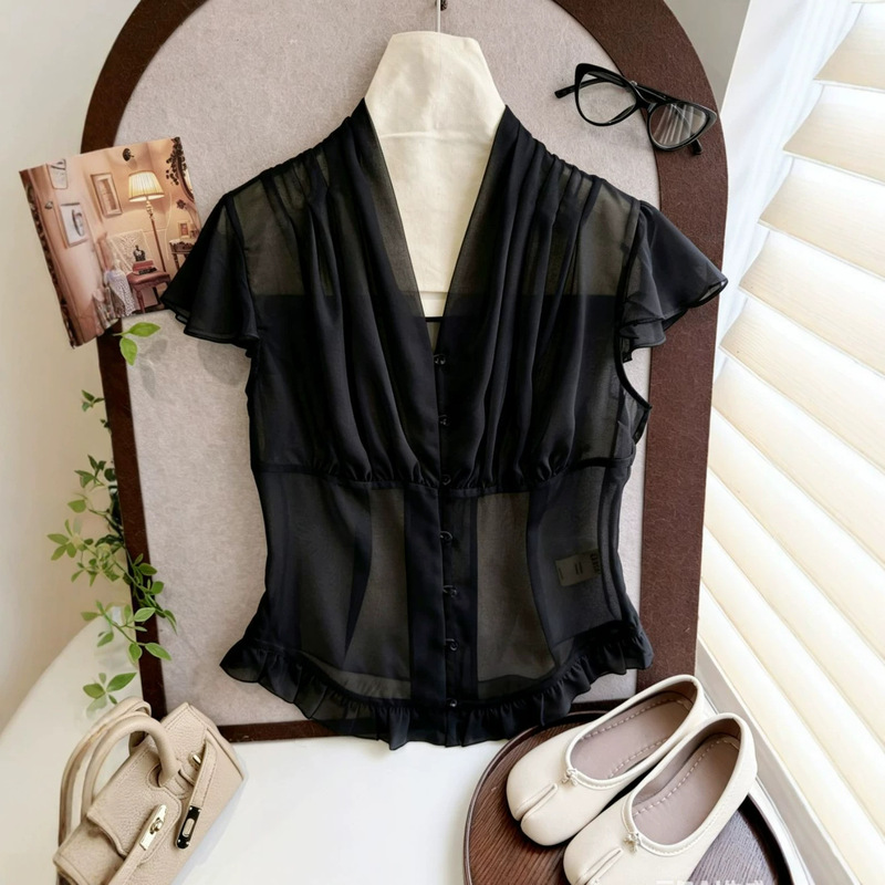 In Stock/Vintage Style Chiffon Short-Sleeve Shirt for Women, 2026 Summer New Slim-Fit Short-Sleeve Top In Stock/Vintage Style Chiffon Short-Sleeve Shirt for Women, 2026 Summer New Slim-Fit Short-Sleeve Top