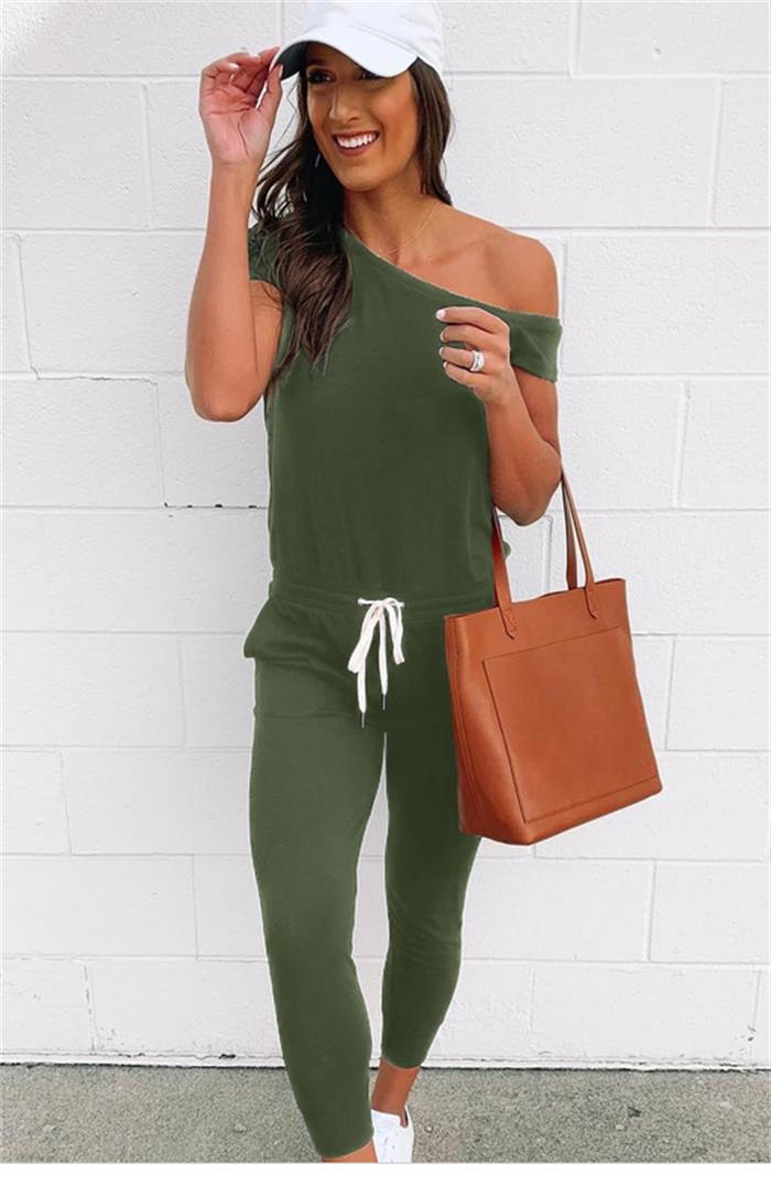 Women's Off-shoulder Jumpsuit With Pockets And Lace-up Details_voghion.com