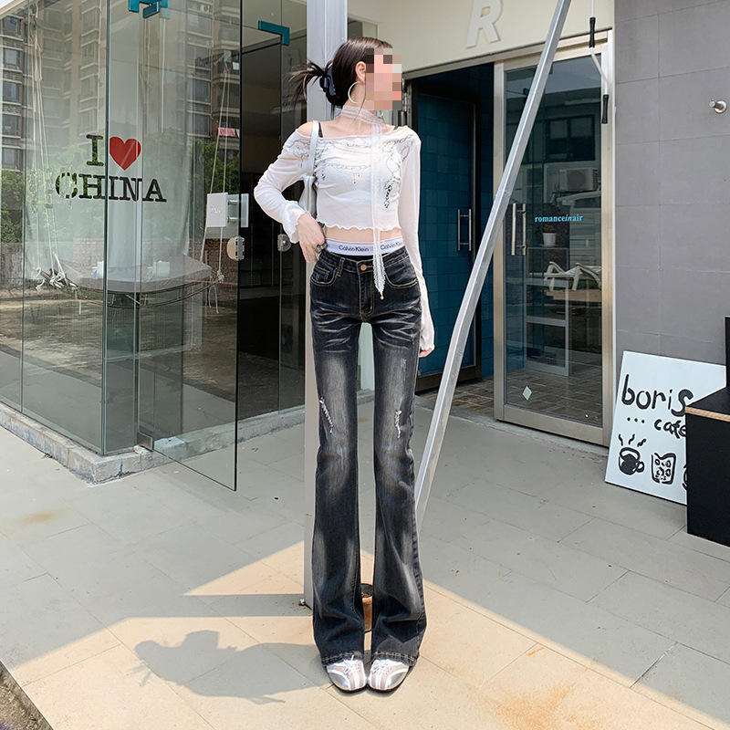 Tall Women's Mid-Length Black Low-Waist Flared Jeans Autumn and Winter Slim Fit Stretch Ripped Bootcut Floor-Length Pants