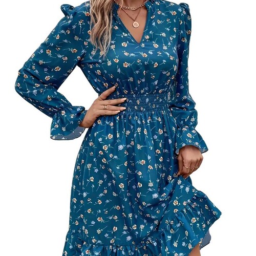 European and American spring and summer floral women's clothing V-neck European and American fashion printed long-sleeved dress